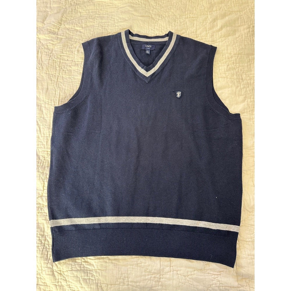 Men's LINCS Silk Cashmere Blend Sweater Vest Large Navy Blue V Neck Preppy‎ Golf